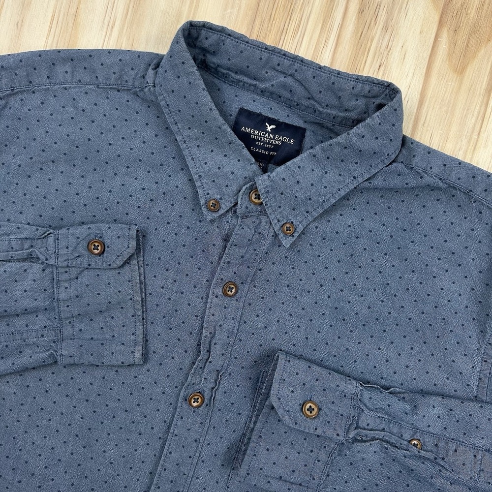 American Eagle Men's Blue Button Up Long Sleeve Shirt Polka Dot Preppy